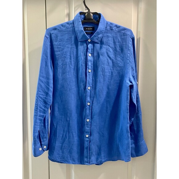 BUGATCHI 100% Fine Linen Royal Blue Long Sleeve Button Down, Sz L - Picture 1 of 5